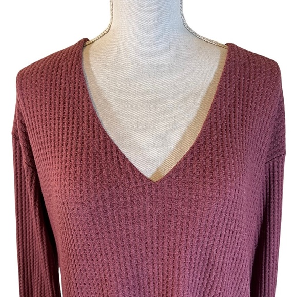 Express Dark Salmon Pink Waffle Knit Top Medium Cutout Strappy Back Long Sleeve - Picture 4 of 5